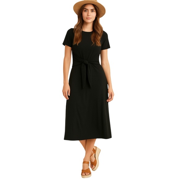 Black Jersey Knit Midi Dress w/ Waist Tie – Comfy & Versatile Wardrobe Essential - Picture 5 of 12